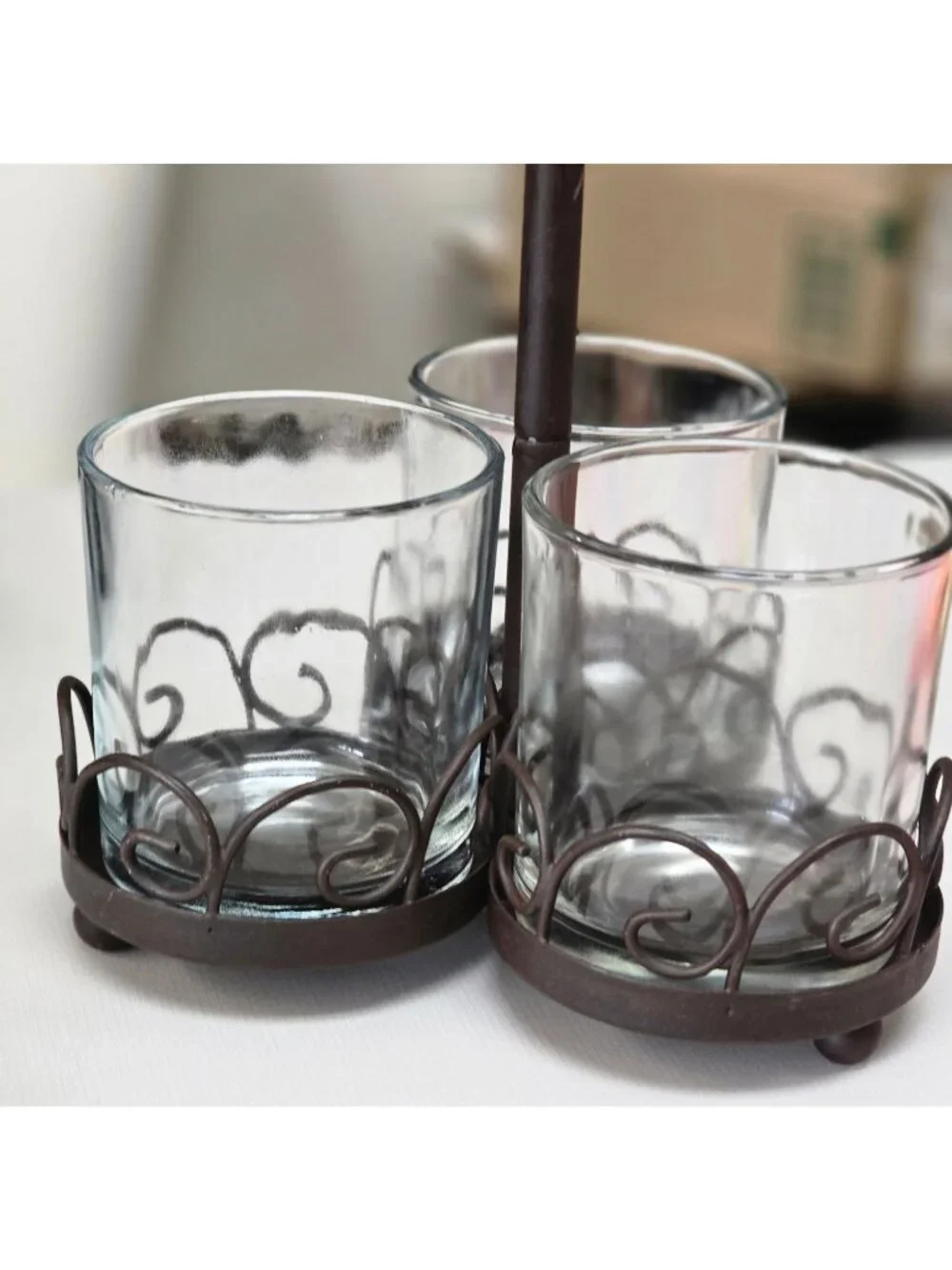 Rustic Metal Candle Holder Caddy 3 Glass Cups Brown Scroll Tealight Votive